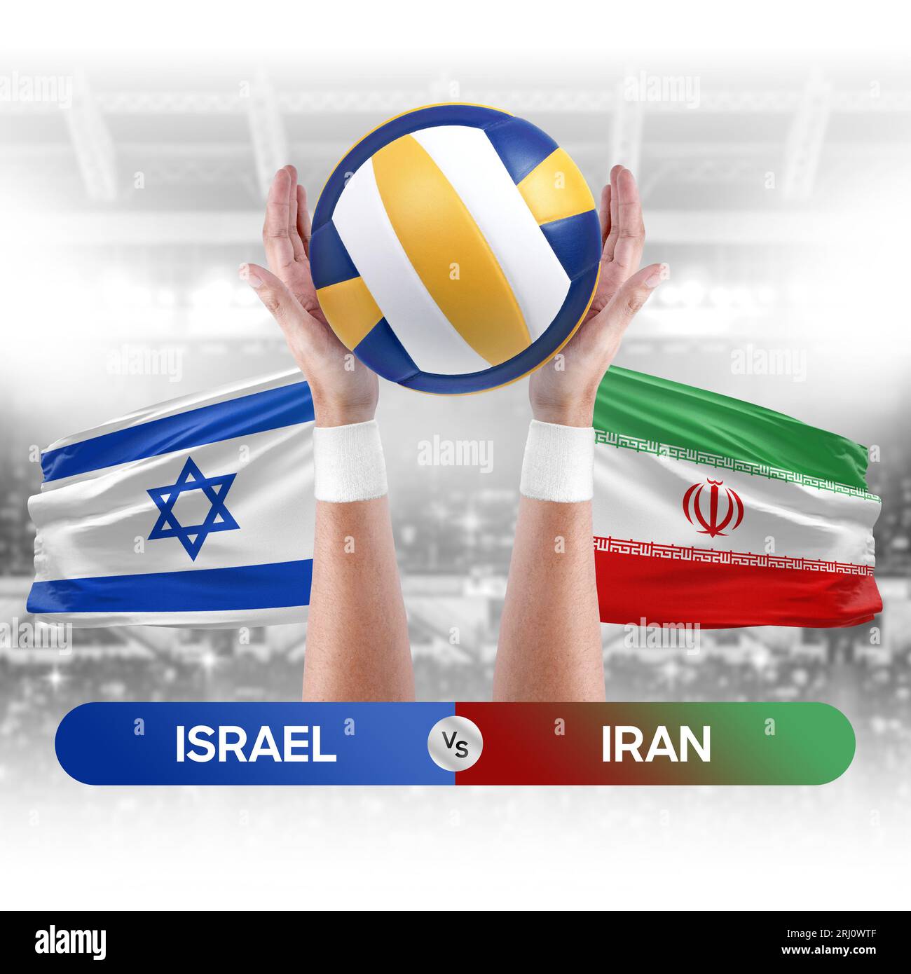 Concetto di gara di pallavolo e pallavolo delle squadre nazionali Israele contro Iran. Foto Stock