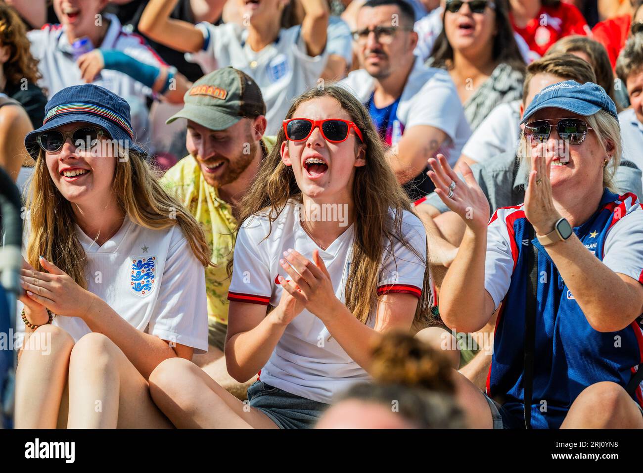 Londra, Regno Unito. 20 agosto 2023. I fan di Victoria Park, all'All Points East Festival in NBHD, potranno assistere alle Lionesse nella finale della Coppa del mondo femminile FIFA tra Inghilterra e Spagna. Crediti: Guy Bell/Alamy Live News Foto Stock