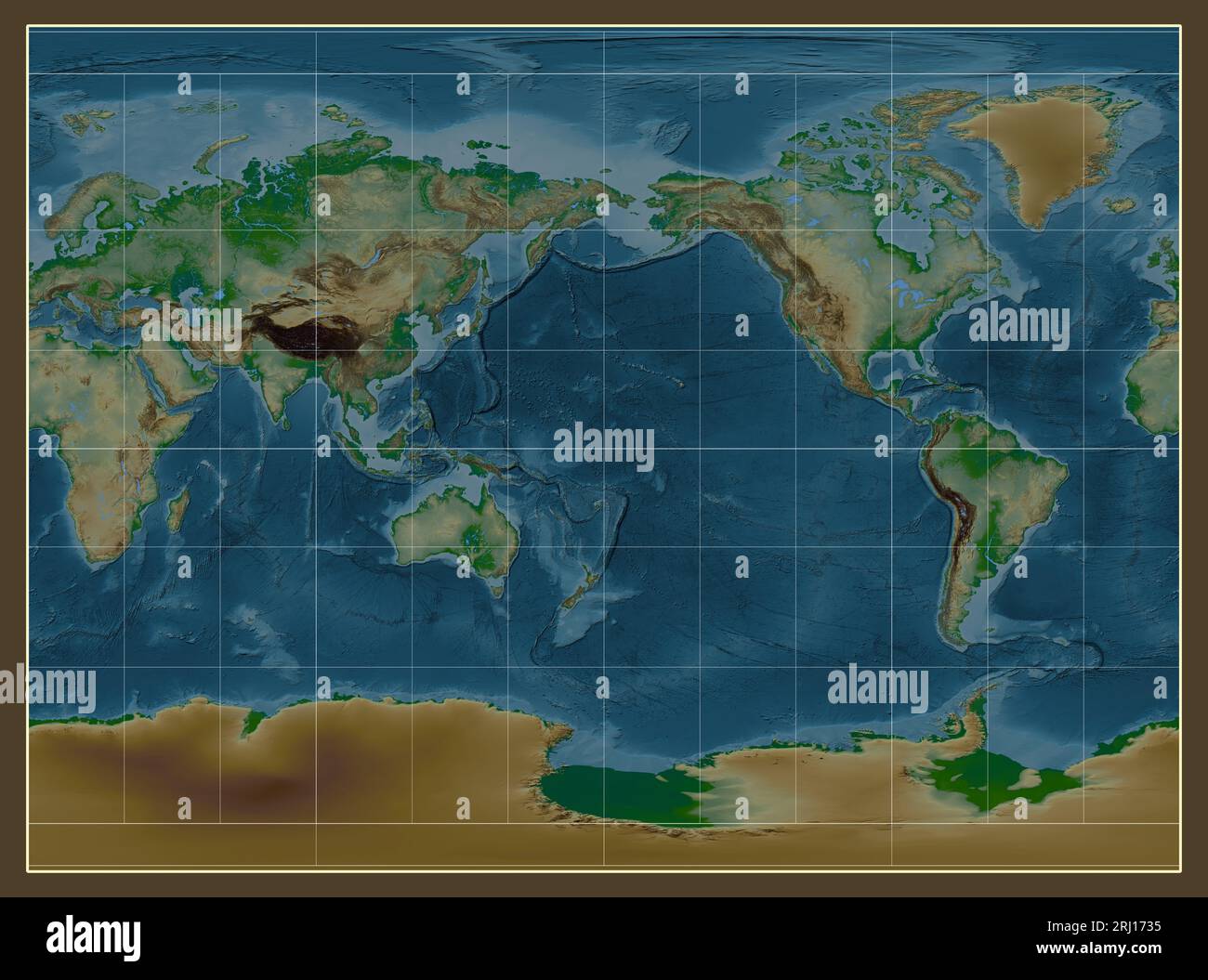 Mappa fisica del mondo nella proiezione cilindrica Miller centrata sul meridiano 180 longitudine Foto Stock