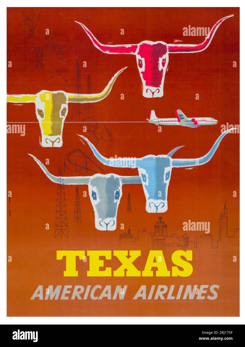 Poster di viaggio d'epoca per American Airlines in Texas, che mostra le teste dei Texas longhorns con l'aereo DC 7 Foto Stock