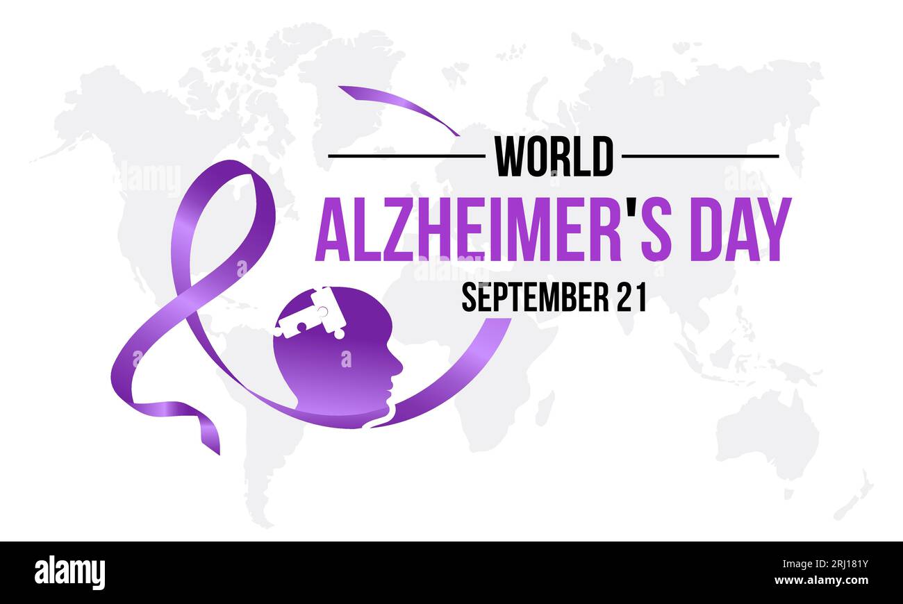 La giornata mondiale dell'Alzheimer mette in evidenza la difesa, il sostegno e la ricerca per i disturbi della memoria. Promozione del modello di banner per illustrazione vettoriale di consapevolezza globale. Illustrazione Vettoriale
