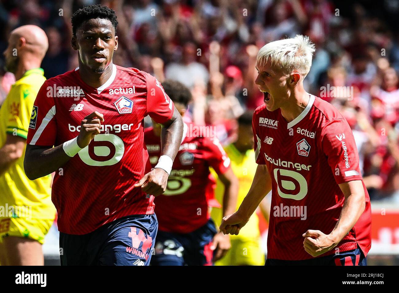 20 agosto 2023, Villeneuve-d'Ascq, Francia, Francia: Jonathan DAVID di Lille celebra il suo gol con Hakon ARNAR HARALDSSON di Lille durante la partita di Ligue 1 tra Lille OSC (LOSC) e FC Nantes allo stadio Pierre Mauroy il 20 agosto 2023 a Villeneuve-d'Ascq vicino Lille, in Francia. (Immagine di credito: © Matthieu Mirville/ZUMA Press Wire) SOLO USO EDITORIALE! Non per USO commerciale! Foto Stock