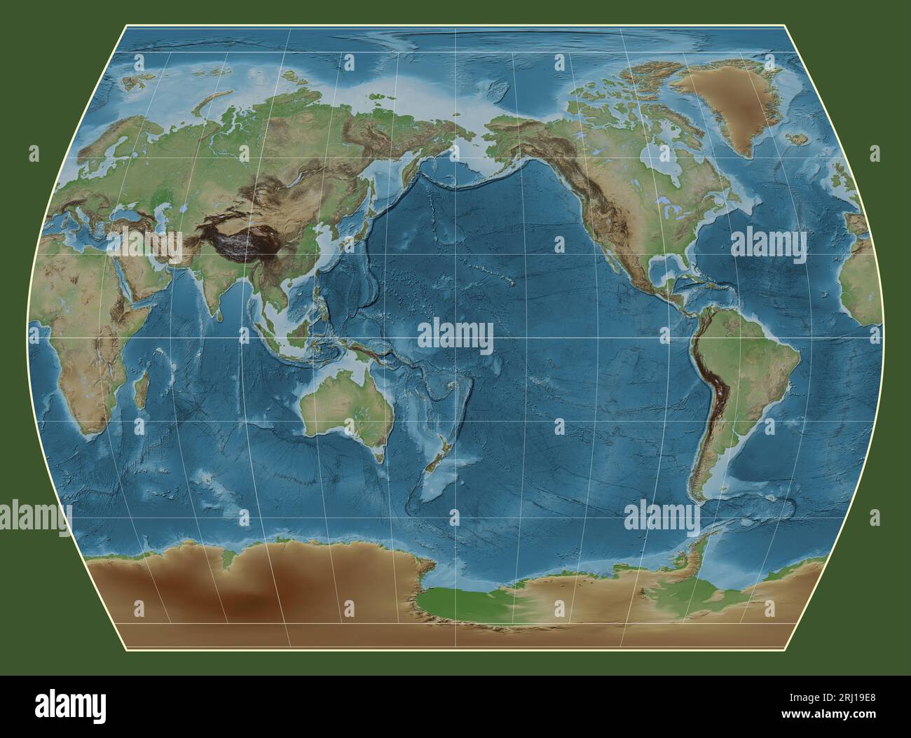 Mappa colorata di elevazione del mondo nella proiezione Times centrata sul meridiano 180 longitudine Foto Stock