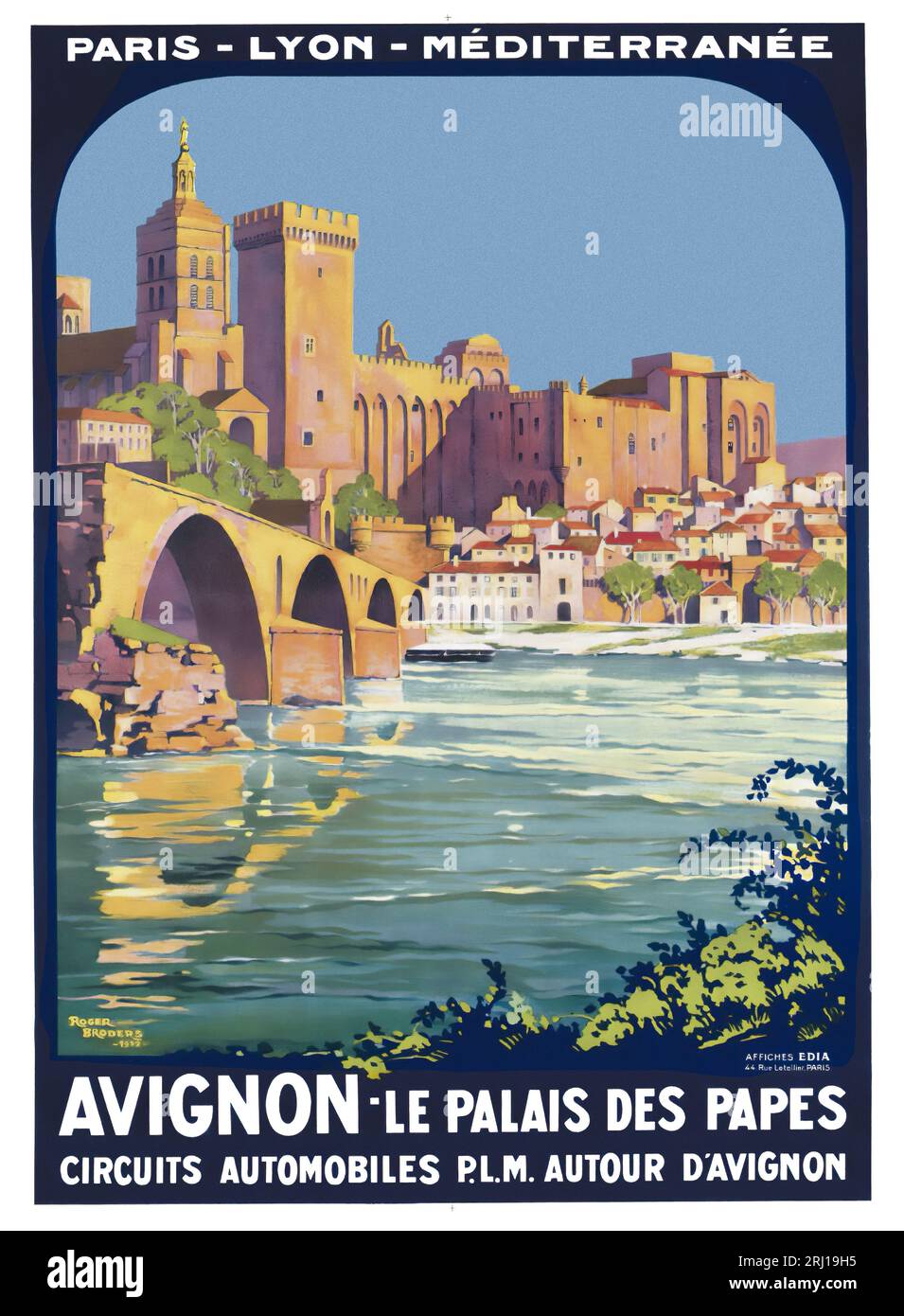 1932 poster di Roger Broders Travel per Avignone, Francia, che mostra il ponte e il Palazzo dei Papi Foto Stock