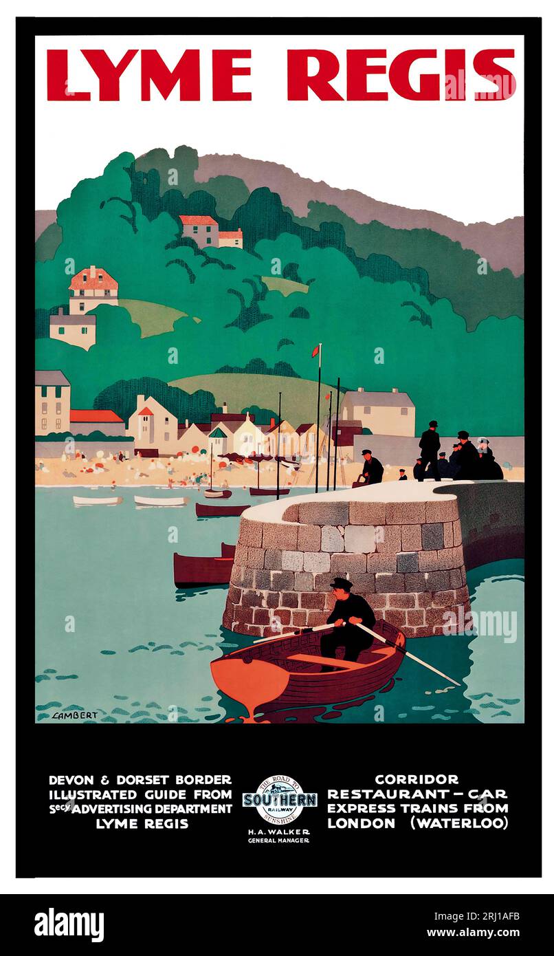 1926 Lyme Regis di Southern Railways poster di Lambert con il pannocciolo, la città e i pescatori Foto Stock
