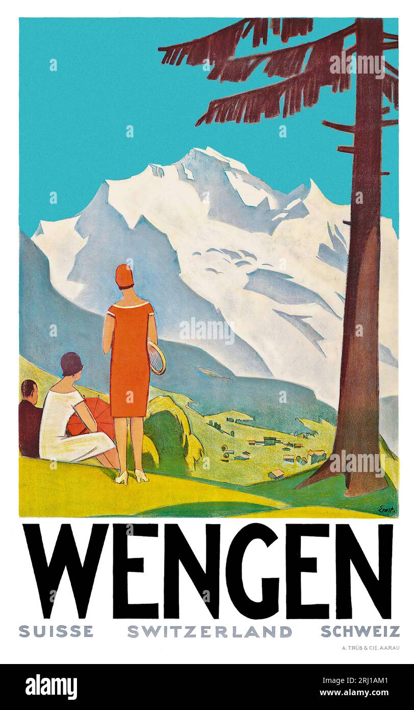 Poster turistico degli anni '1920 che mostra i turisti che si godono Wengen, in Svizzera, in estate, le donne in abiti anni '1920 si rilassano al sole mentre guardano verso di loro Foto Stock