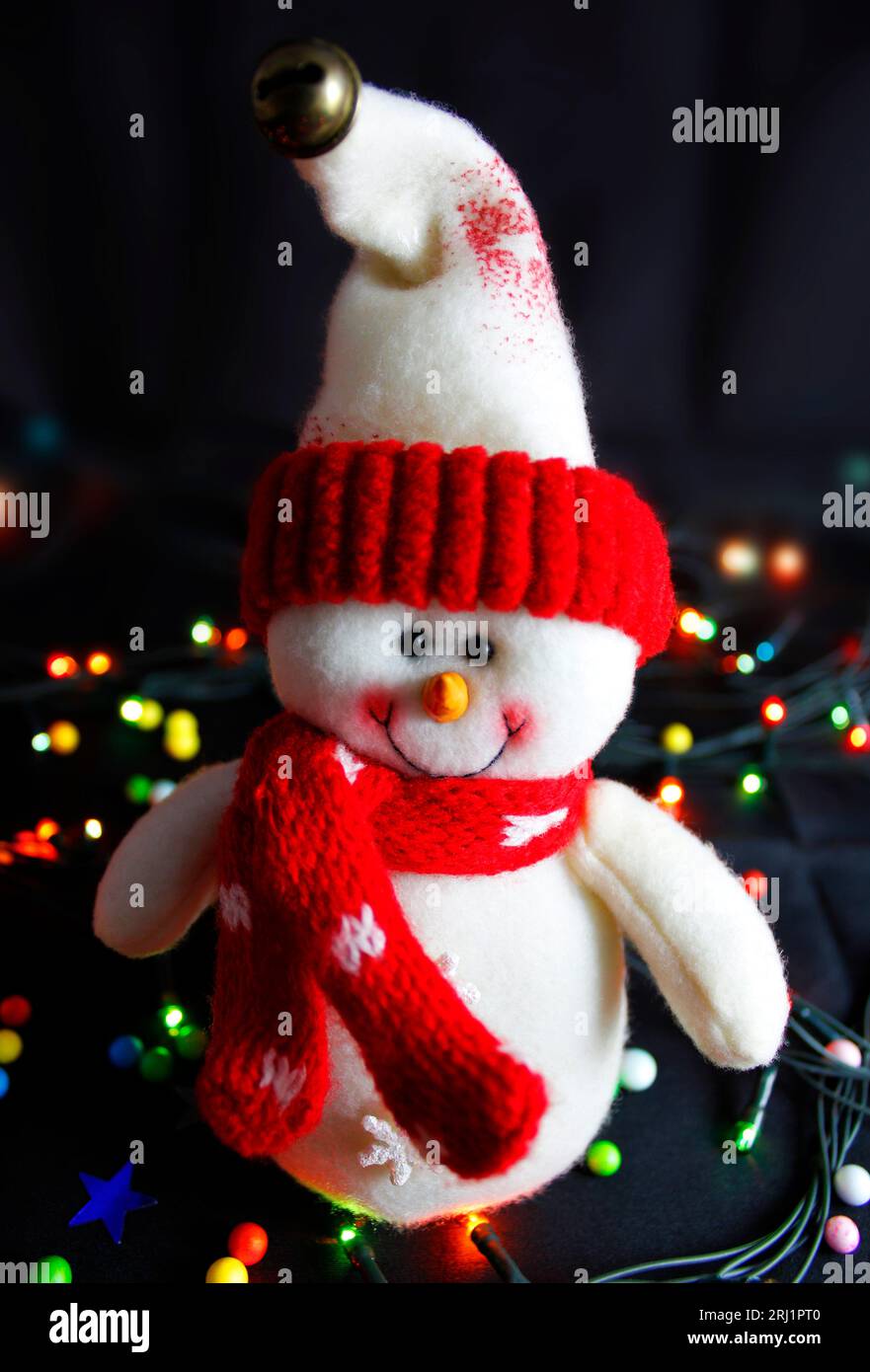 Pupazzo di neve con cappello, sciarpa e luci di natale Foto Stock