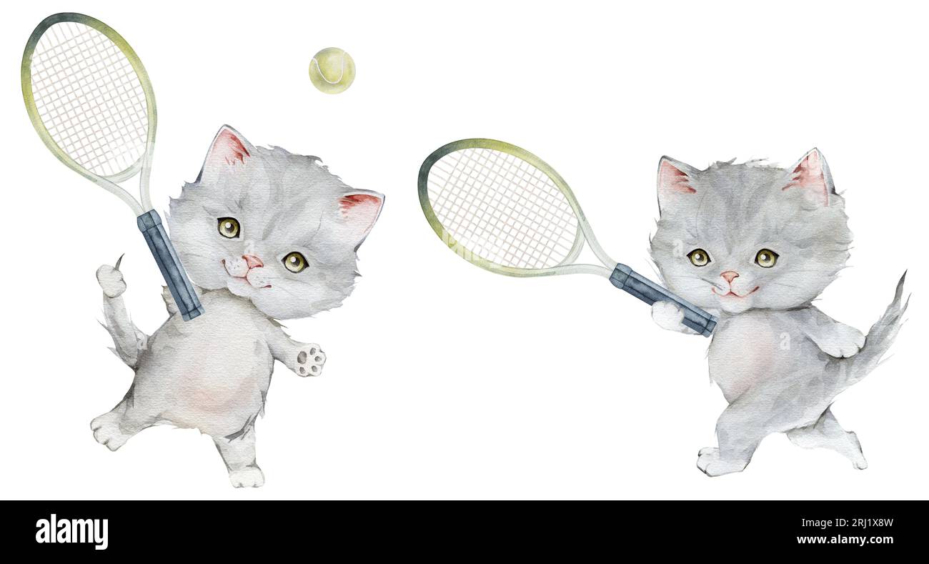 Piccolo tennista grigio gattino con racchetta e illustrazione ad acquerello. Disegnata a mano isolata su uno sfondo bianco. cartoni animati per bambini Foto Stock
