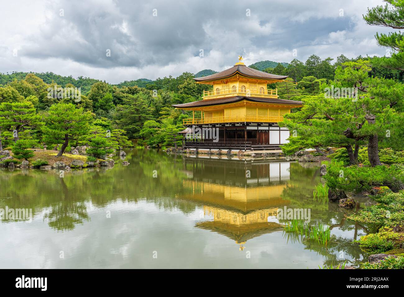 Vista panoramica con il meraviglioso padiglione dorato del Tempio Kinkaku-ji di Kyoto. Giappone. Foto Stock