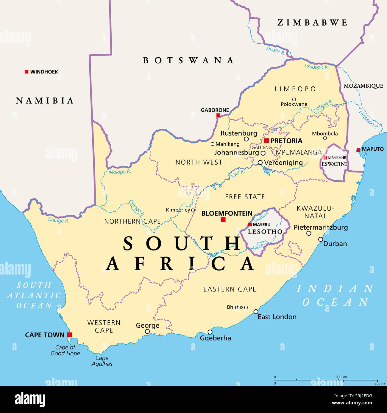 Sudafrica, mappa politica con province, città più grandi, confini internazionali e amministrativi. Repubblica e paese più meridionale dell'Africa. Foto Stock
