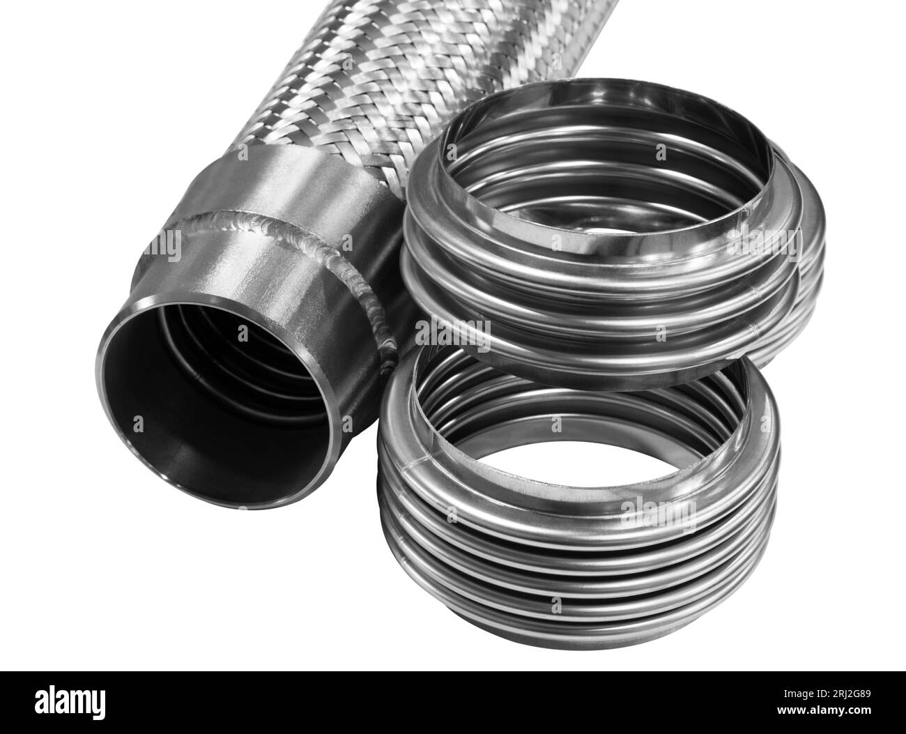 Tubi flessibili in acciaio inox, mackro per primo piano. Concetto di metallo industriale Foto Stock