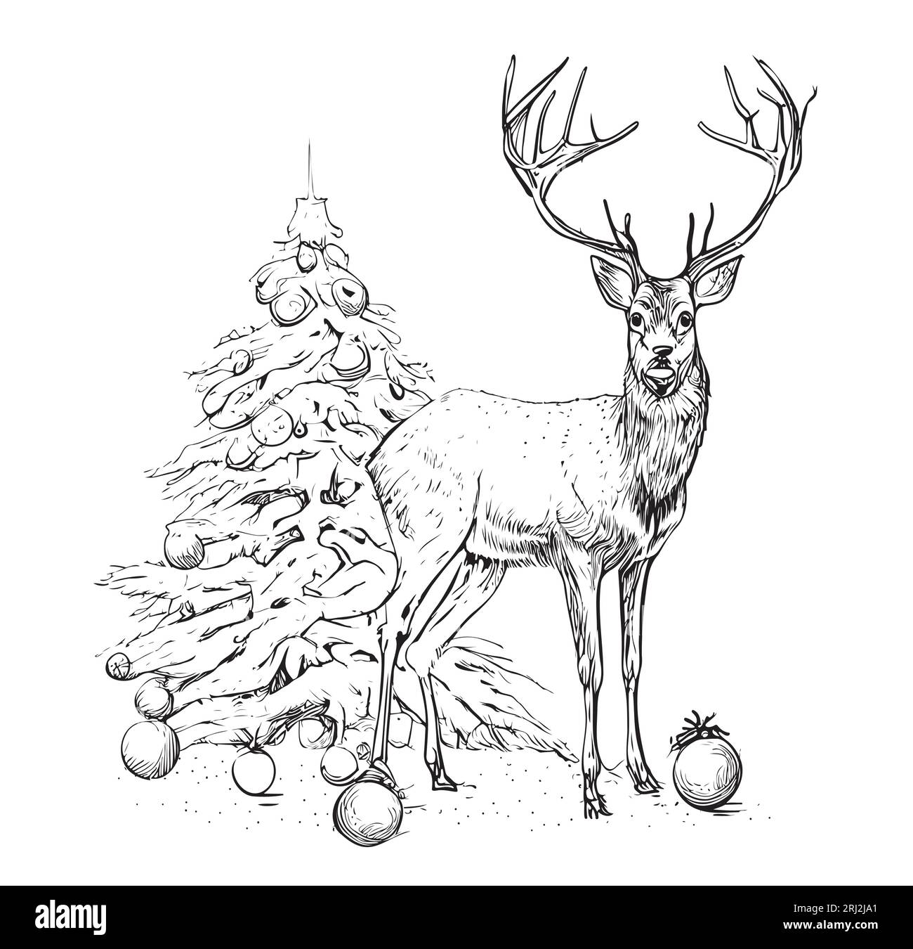 Illustrazione disegnata a mano da un grazioso cervo natalizio e da un albero Illustrazione Vettoriale