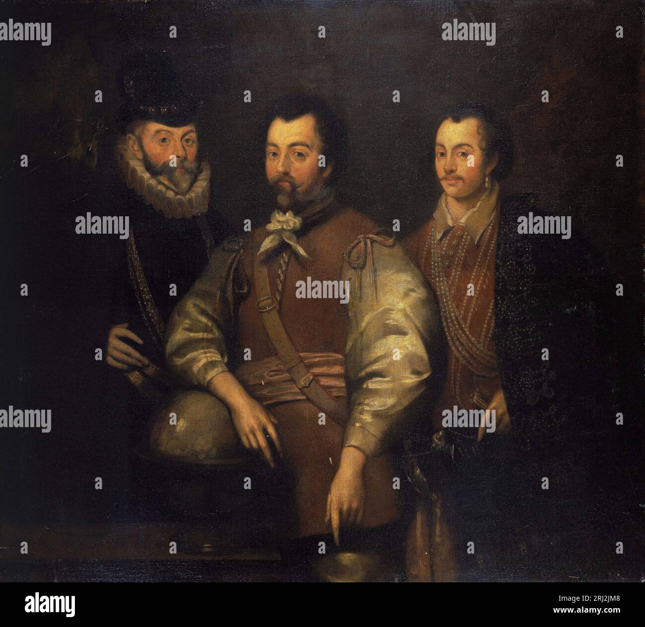 Un ritratto elisabettiano di tre famosi esploratori: Thomas Cavendish, Sir Francis Drake e Sir John Hawkins. Foto Stock