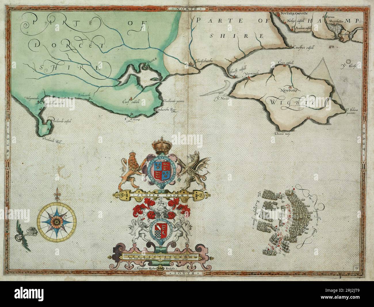 La battaglia tra la flotta inglese e l'Armada spagnola al largo dell'isola di Wight il 4 agosto 1588, come mostrato su una mappa fatta nel 1590, appena due anni dopo la sconfitta dell'Armada spagnola l'8 agosto 1588 Foto Stock