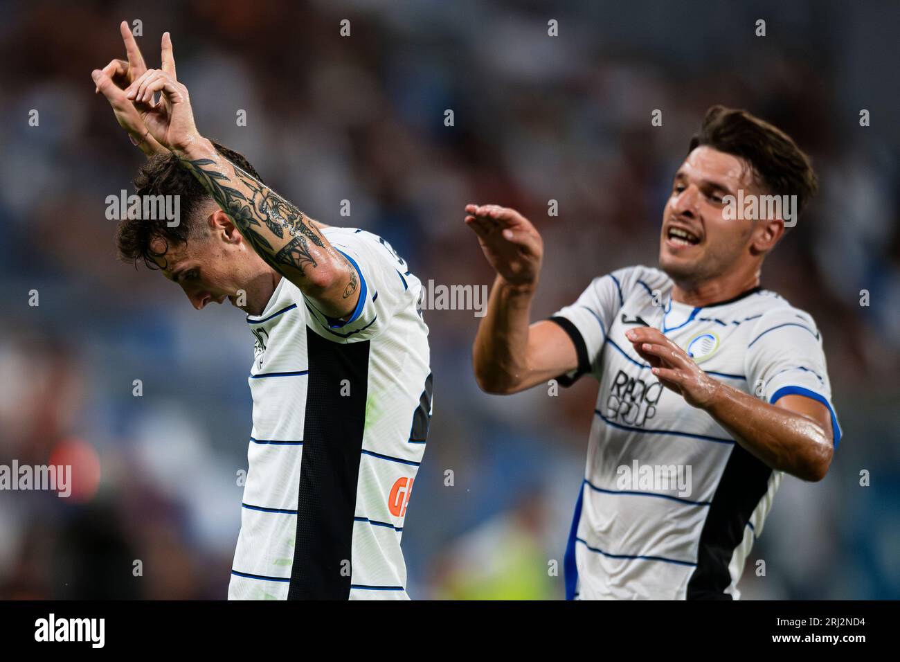 Reggio Emilia, Italia. 20 agosto 2023. Nadir Zortea dell'Atalanta BC festeggia dopo aver segnato un gol festeggia dopo aver segnato un gol durante la partita di serie A di calcio tra US Sassuolo e Atalanta BC. Crediti: Nicolò campo/Alamy Live News Foto Stock