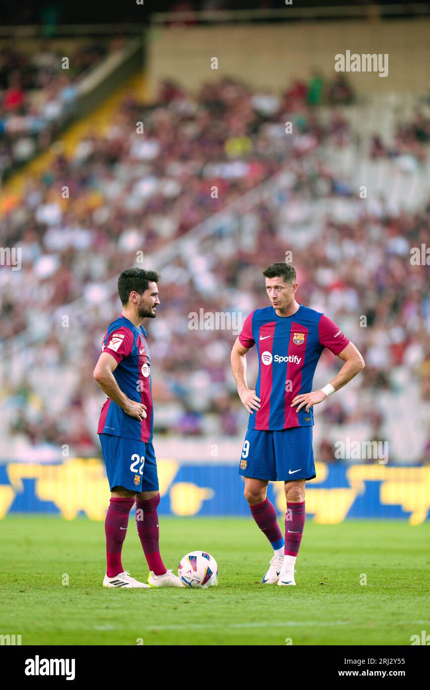Barcellona, Spagna, 20 agosto 2023. Spagnolo LaLiga EA Sports: FC Barcelona V Cádiz CF. Crediti: Joan G/Alamy Live News (22) Gündogan e (9) Robert Lewandowski. Foto Stock