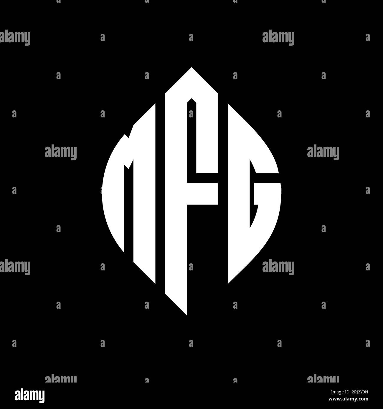 Logo MFG a lettera circolare con forma circolare ed ellisse. Lettere ellittiche MFG con stile tipografico. Le tre iniziali formano un logo circolare. MFG ci Illustrazione Vettoriale