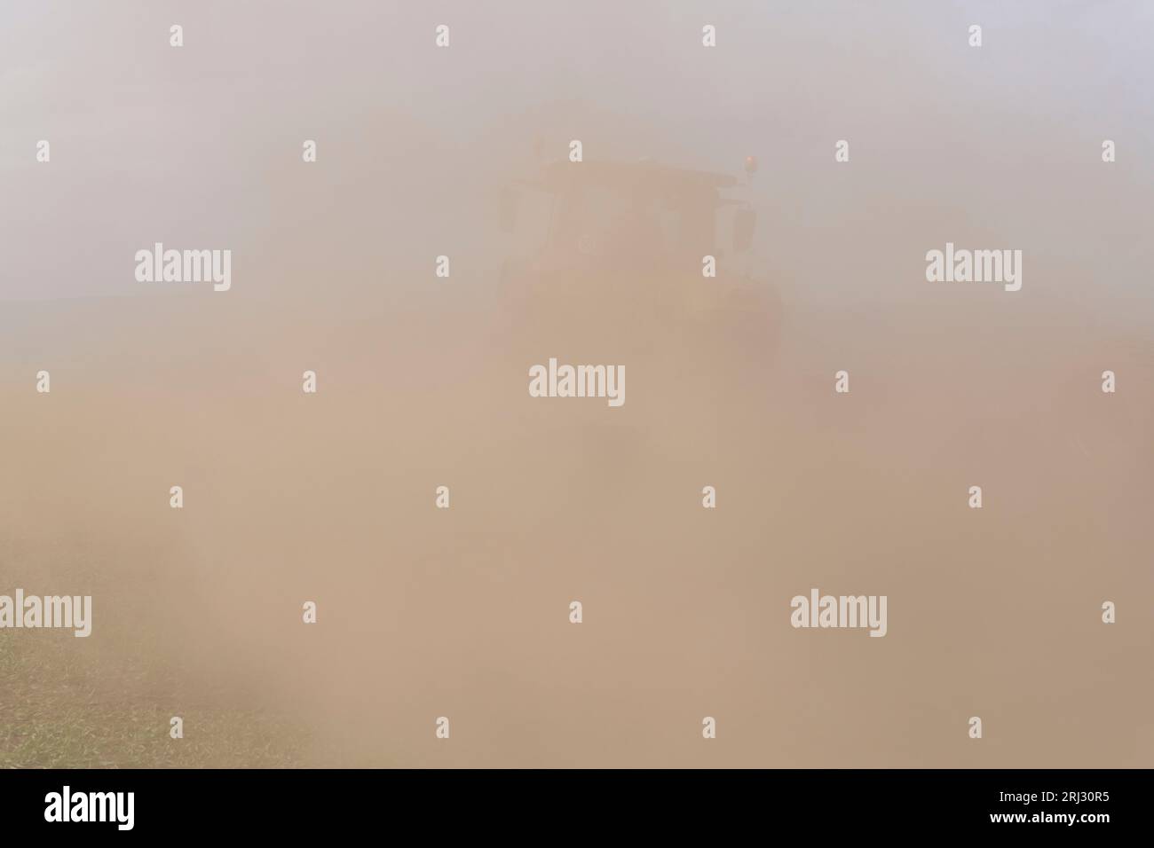 Nuvole di polvere dietro un trattore in un campo asciutto in condizioni climatiche secche, quando un agricoltore rotola un prodotto di orzo primaverile Foto Stock