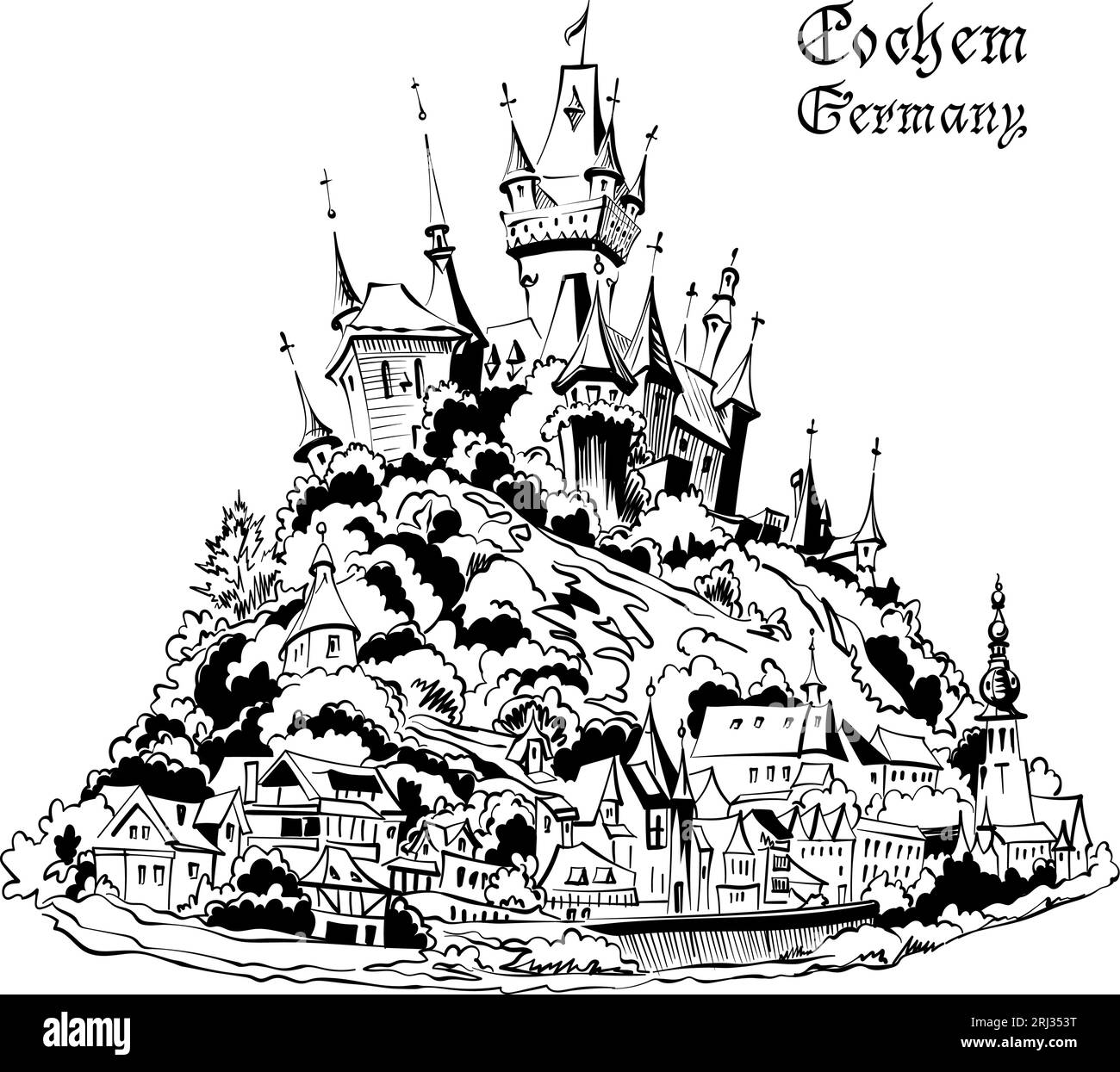 Schizzo vettoriale in bianco e nero di Cochem, con il castello di Reichsburg sulla collina, Germania Illustrazione Vettoriale