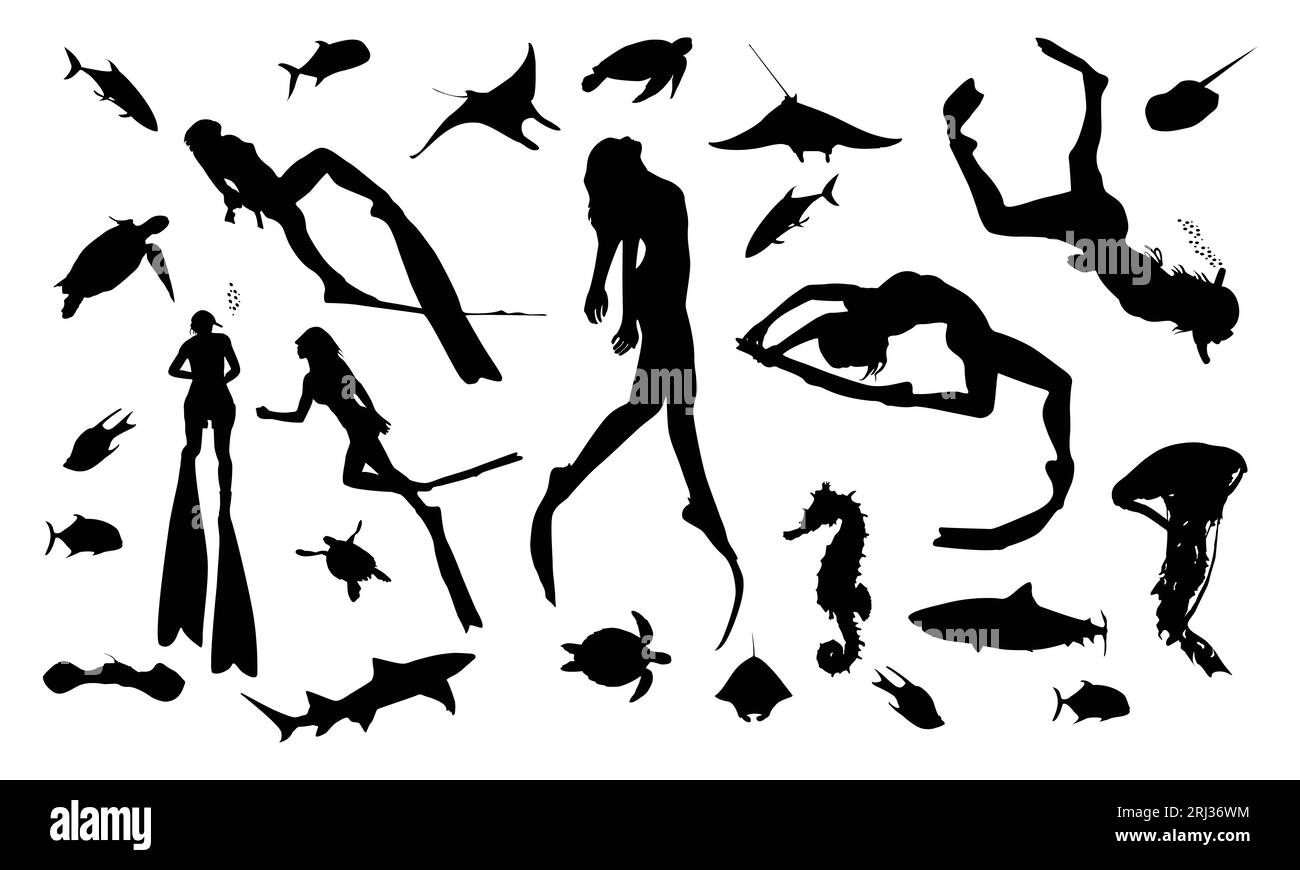 Illustrazione vettoriale della silhouette per immersioni subacquee isolata su sfondo bianco. Sport subacqueo, lago, mare, guanto e torcia, maschera, e fare snorkeling. Immersioni Illustrazione Vettoriale