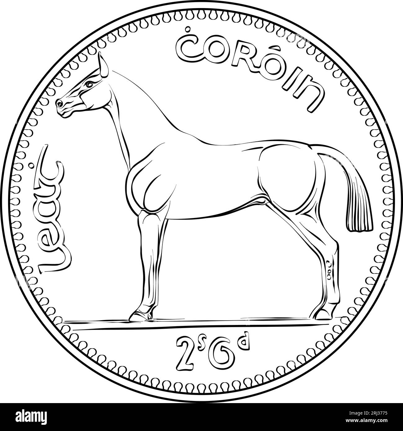 Moneta irlandese moneta a metà corona in argento pre-decimale con Irish Hunter al rovescio . Immagine in bianco e nero Illustrazione Vettoriale