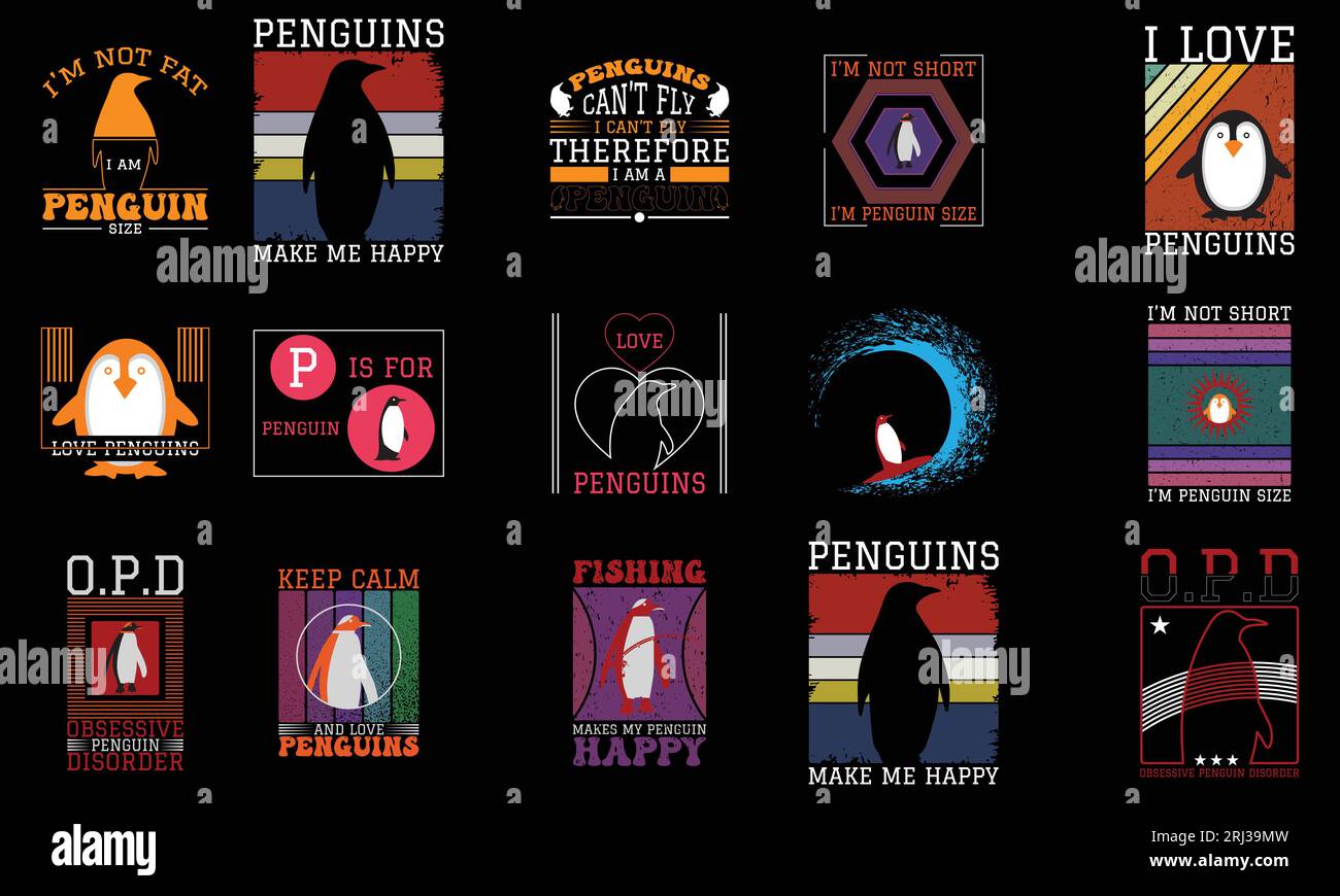 Pacchetto Penguin T Shirt Design Illustrazione Vettoriale