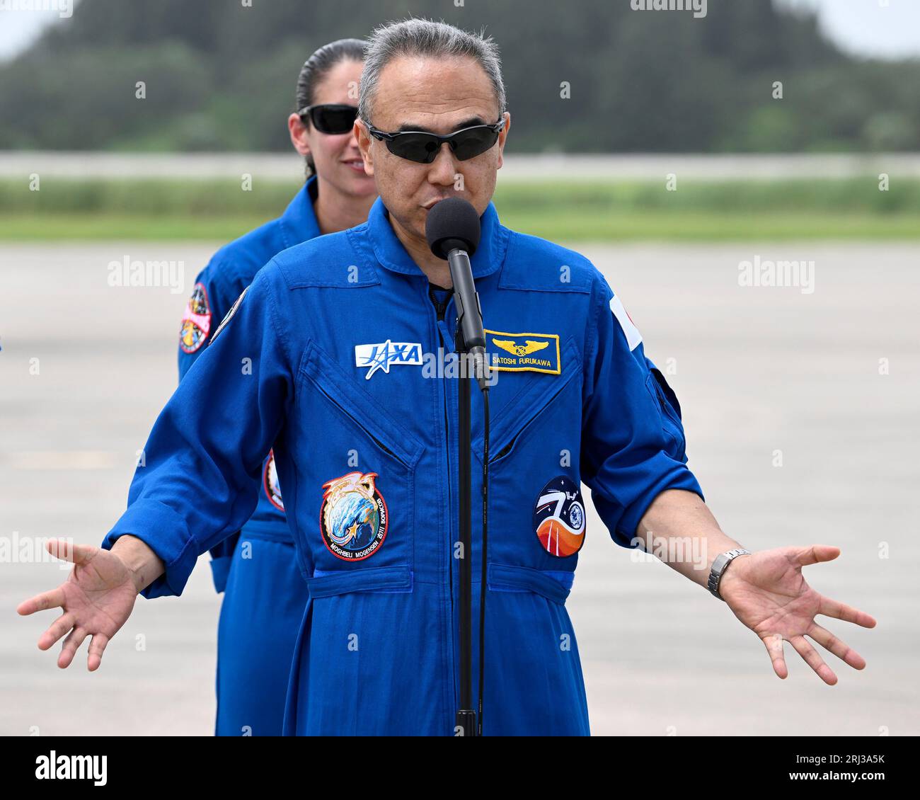 L'astronauta JAXA Satoshi Furukawa parla con i media dopo essere arrivato al Kennedy Space Center, Florida, domenica 20 agosto 2023. Foto di Joe Marino/UPI Credit: UPI/Alamy Live News Foto Stock