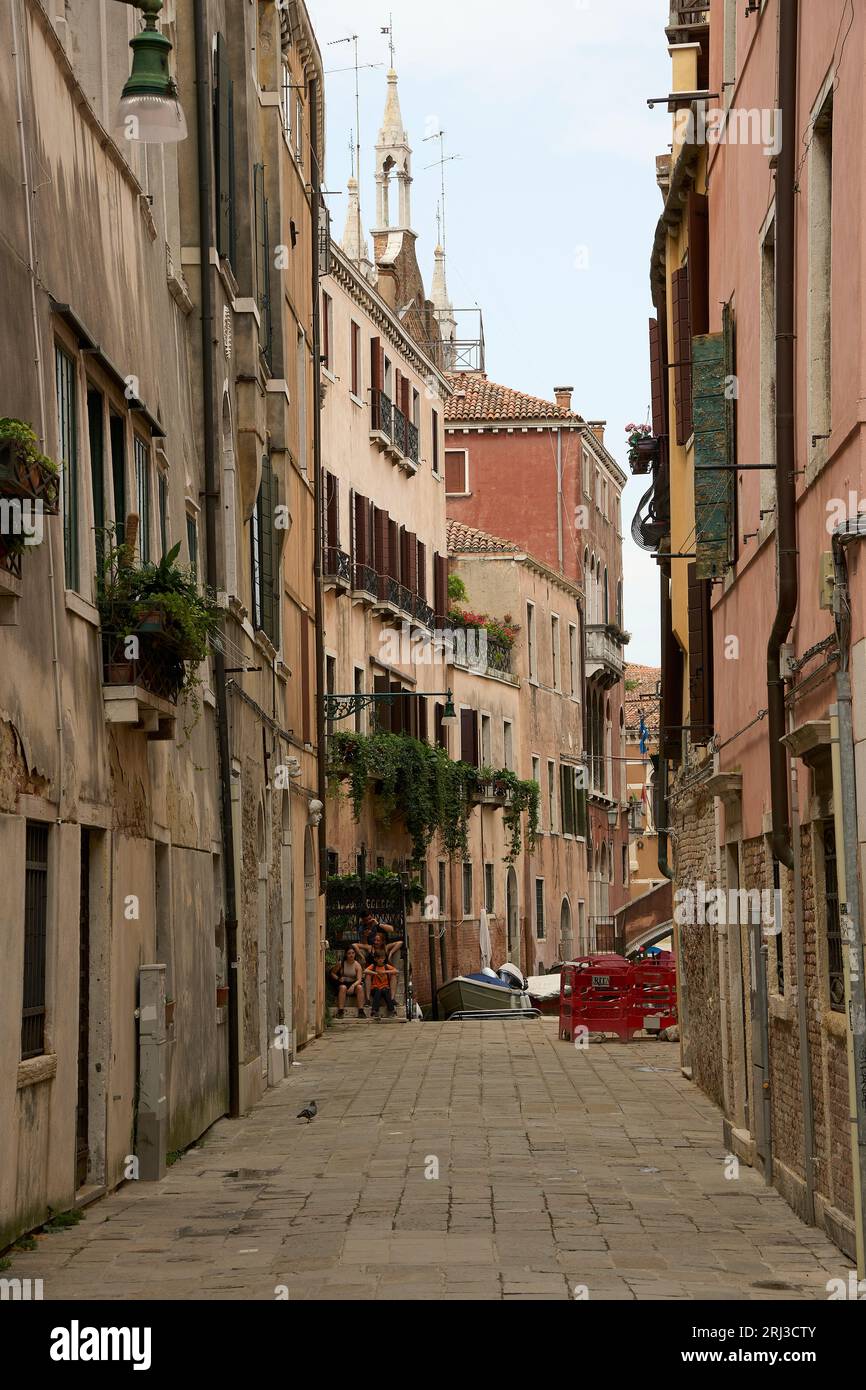 Un vicolo pittoresco caratterizzato da affascinanti vasi di fiori colorati che adornano le pareti esterne degli edifici di Venezia, Italia Foto Stock