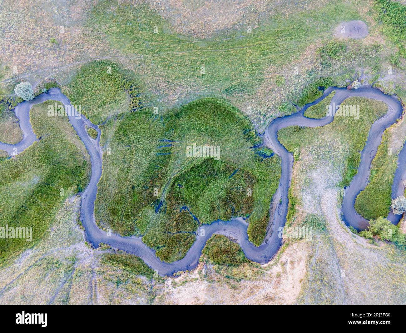 Fotografia aerea di prima mattina di Whitetail Creek, vicino a Keystone, Keith County, Nebraska, USA. Foto Stock