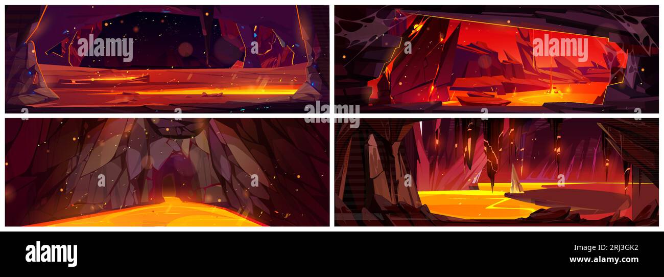 Sfondo cartoni animati di gioco fantasy Volcano lava Hell Rock. misteriosa e pericolosa avventura a livello di magma caldo fuso. Massa Illustrazione Vettoriale