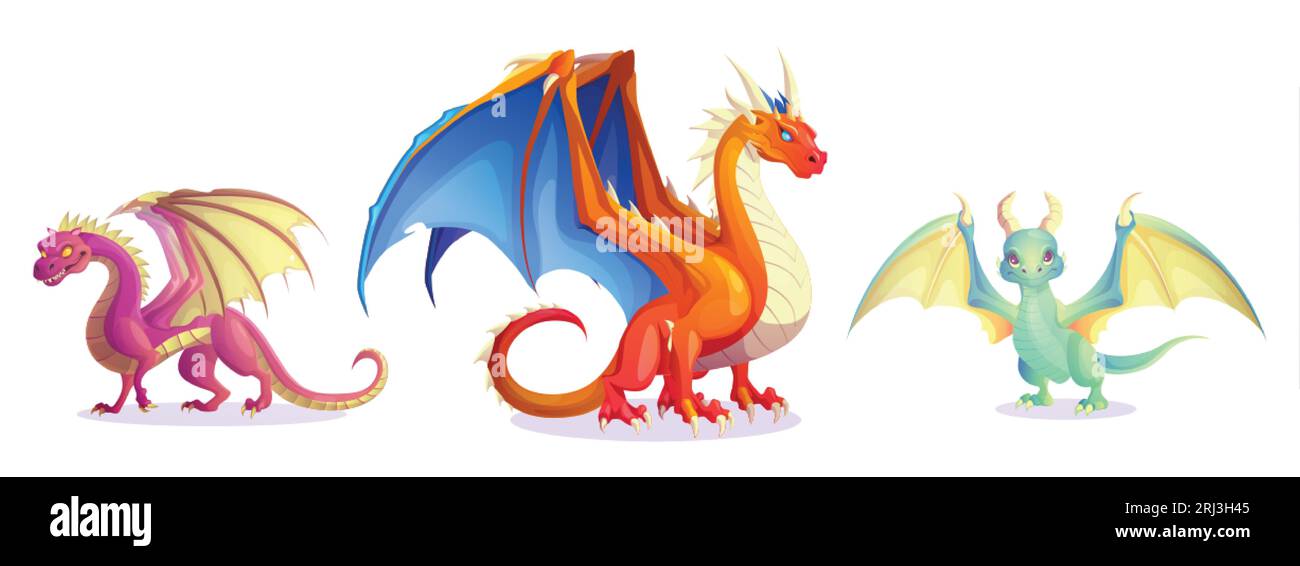 Carini draghi fantasia, animali magici da favola. Mostri medievali e divertenti creature mitiche con ali isolate su sfondo bianco, carrello vettoriale Illustrazione Vettoriale