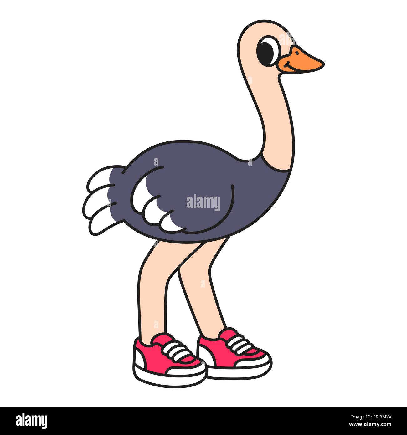 Struzzo dei cartoni animati che indossa scarpe da ginnastica, divertente disegno dei personaggi in stile fumetto, illustrazione di clip art vettoriale. Illustrazione Vettoriale