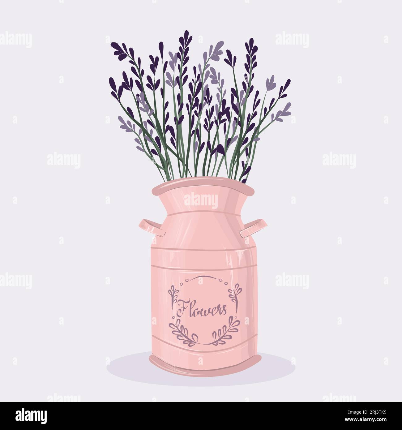 Bouquet di lavanda in cloche rosa metallizzato con scritte viola su uno sfondo delicato. Illustrazione con luci e ombre. Vettore. Illustrazione Vettoriale
