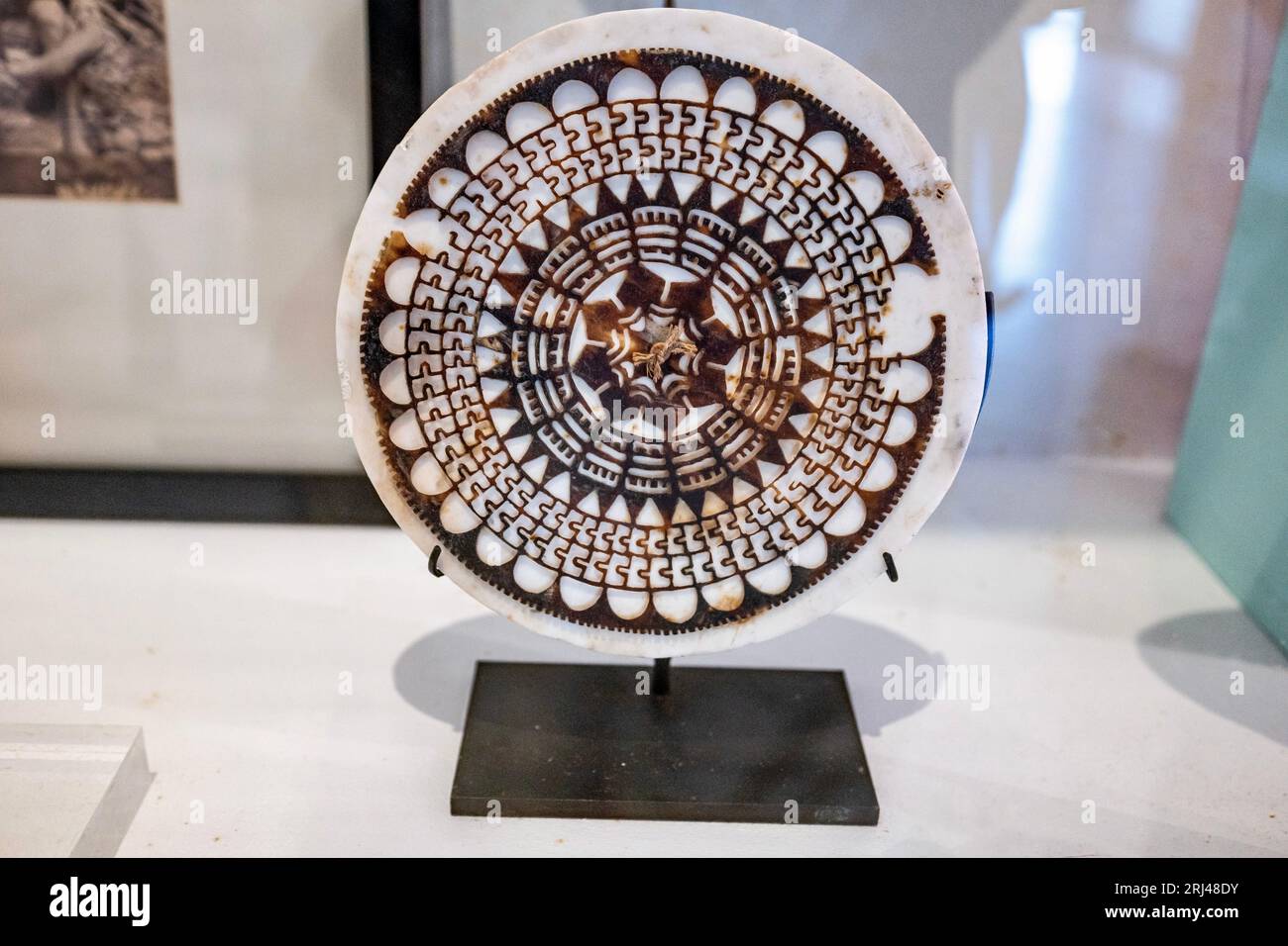 Kélonia, centro di cura delle tartarughe marine, isola di riunione, piatto tradizionale realizzato con guscio di tartaruga marina, un oggetto storico che mette in risalto lo sfruttamento di Foto Stock