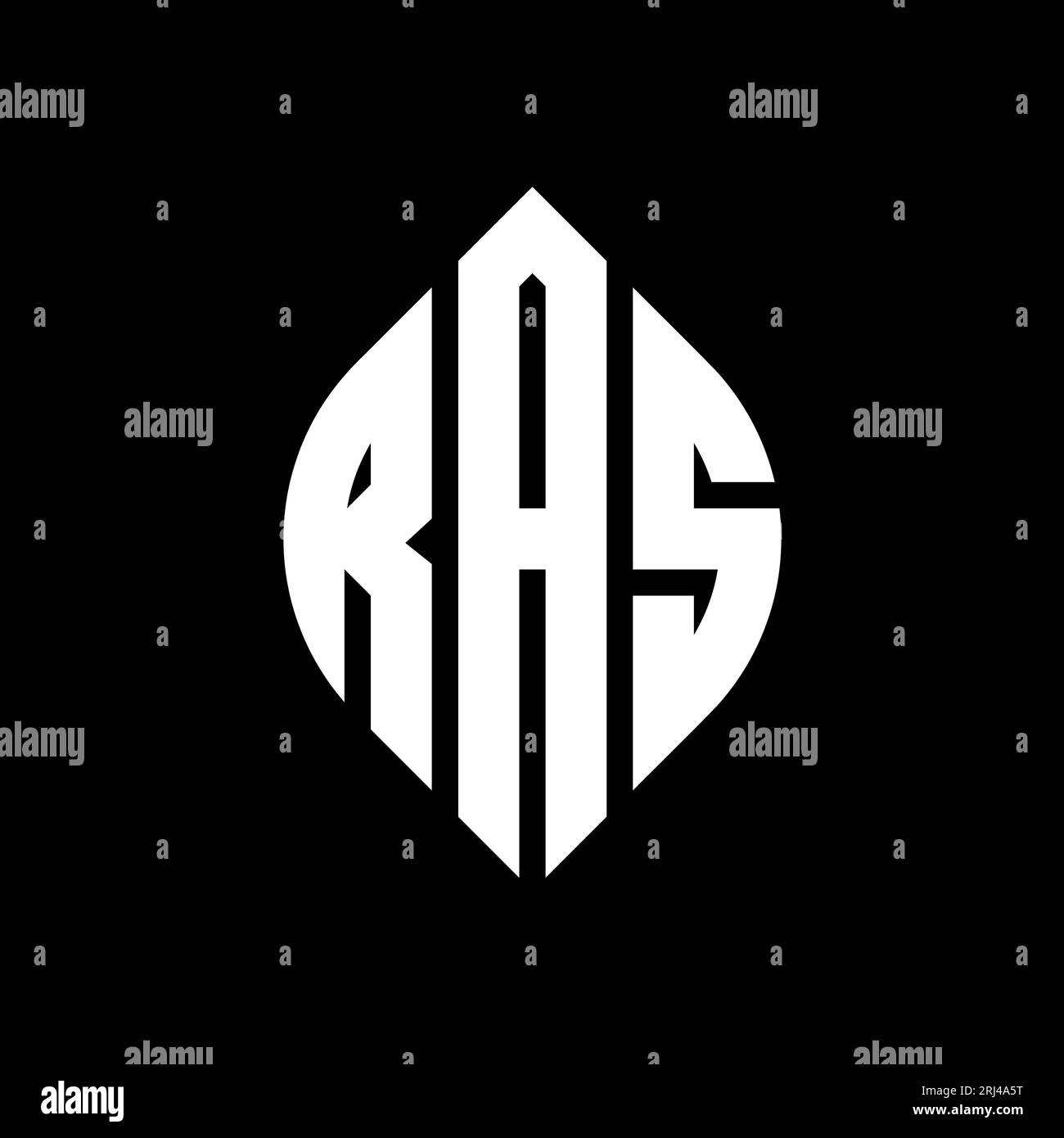 Logo RAS a forma di lettera circolare con forma circolare ed ellisse. Lettere ellittiche RAS con stile tipografico. Le tre iniziali formano un logo circolare. RAS ci Illustrazione Vettoriale