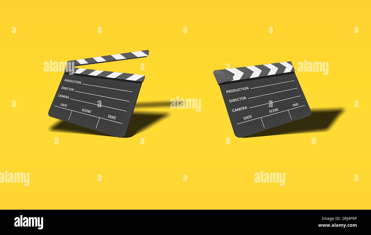 Modello e ardesia di film vintage. Concetto di produzione cinematografica. Lapperboard volante isolato su sfondo giallo Foto Stock