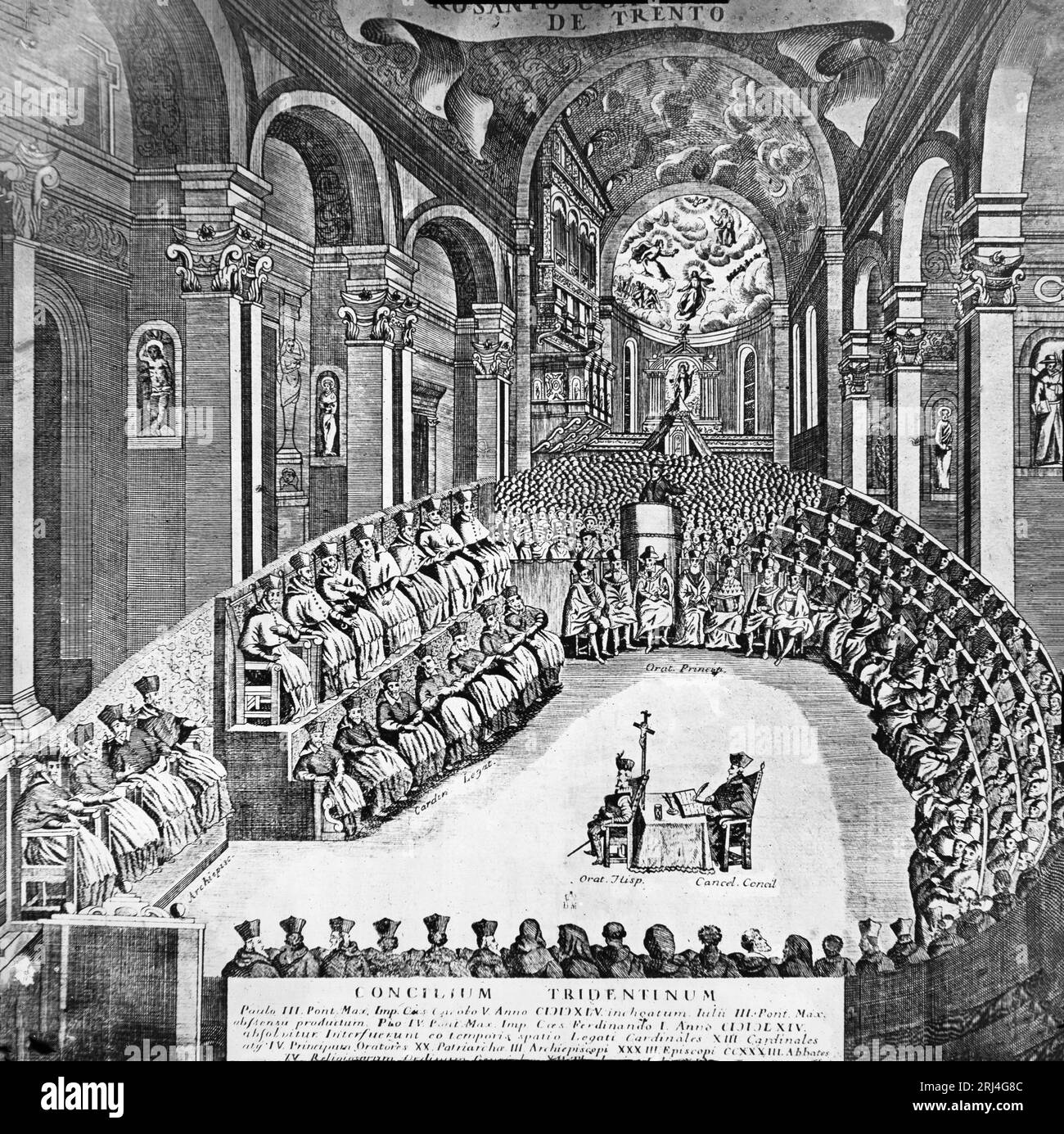 Un'incisione del Concilio di Trento, tenutosi tra il 1545 e il 1563 a Trento, oggi Trento, in Italia. Foto Stock