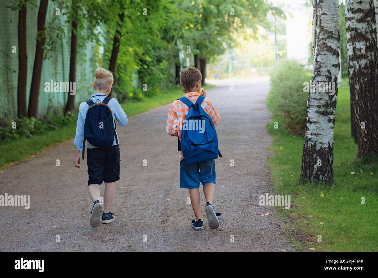 i bambini vanno a scuola con gli zaini nelle giornate di sole. Inizio dell'anno accademico. Bambini che camminano nel parco. Immagini con messa a fuoco selettiva Foto Stock