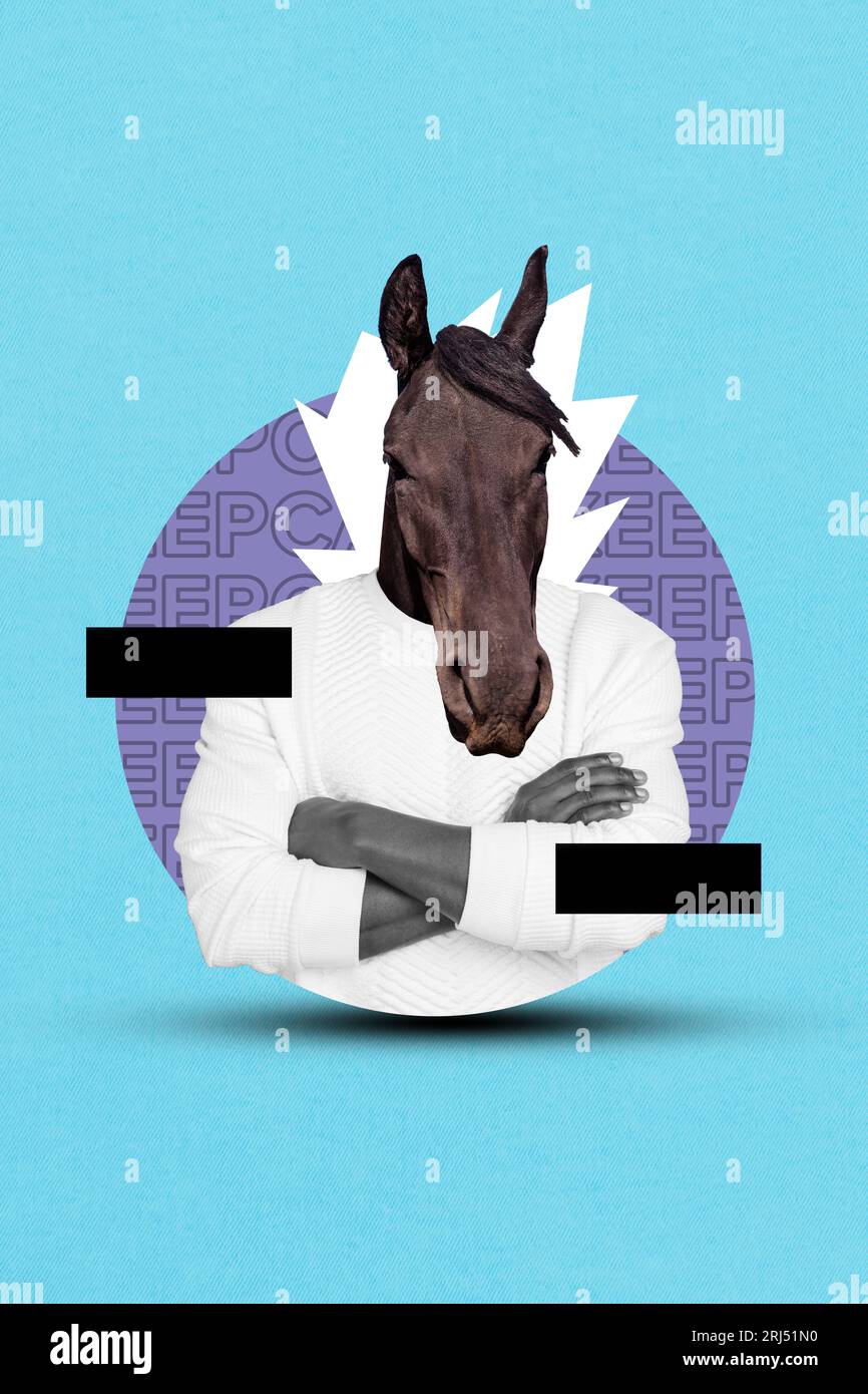 Modello di foto verticale collage di figure senza testa surreale maschera testa mammifero cavallo faccia uomo sicuro boss isolato su sfondo blu Foto Stock