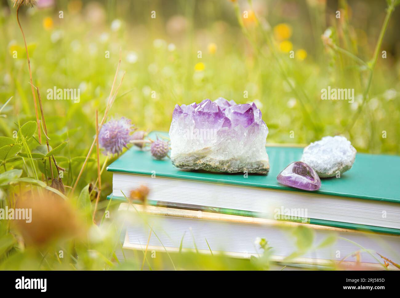 Auto-aiuto o libri a tema esoterici in pila con geodes di cristallo all'aperto nelle soleggiate giornate estive con giardino di prati naturali blokeh sullo sfondo. Foto Stock