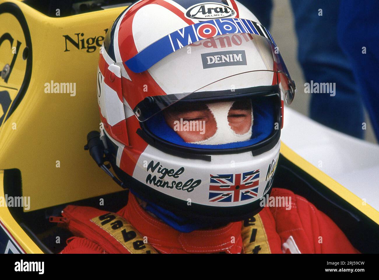 1Nigel Mansell al Gran Premio del Portogallo 1985 a Estoril Foto Stock