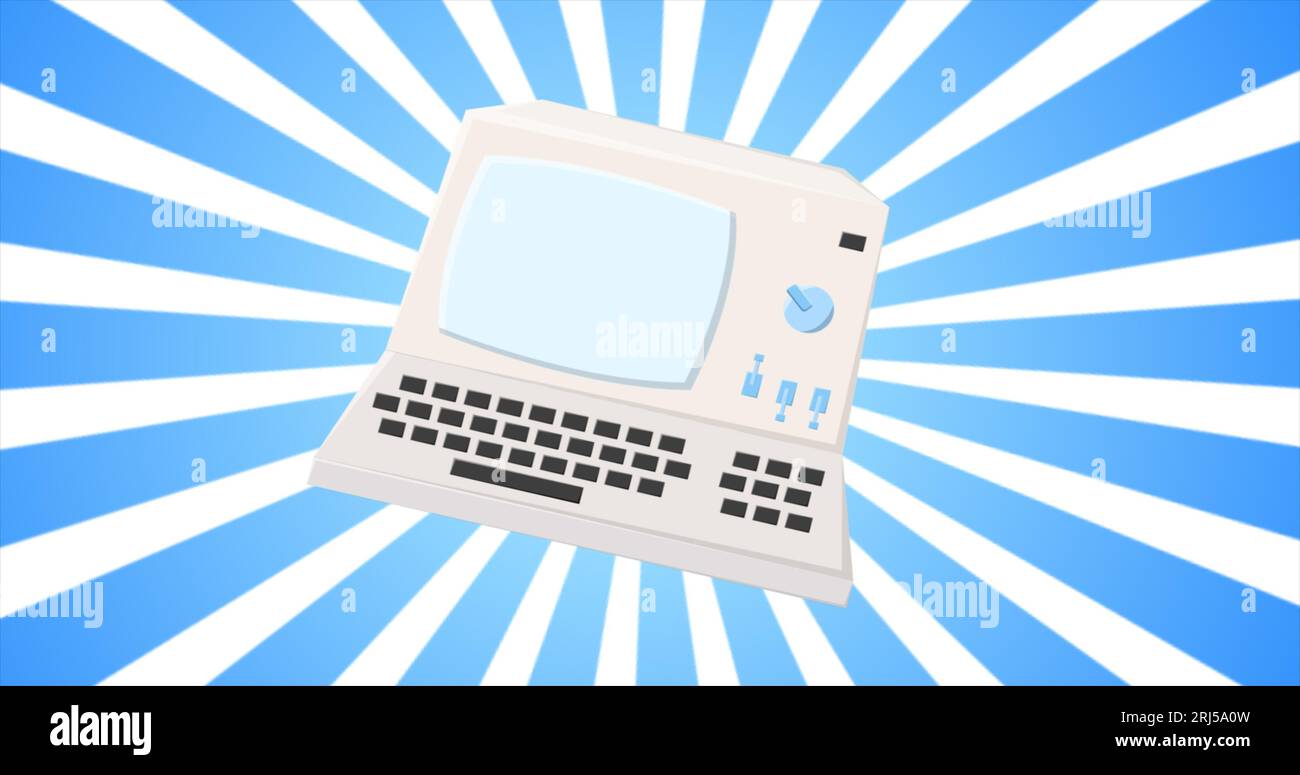 Computer retrò, pc vecchio hipster vintage per geek degli anni '70, '80 e '90 sullo sfondo delle razze blu. Foto Stock