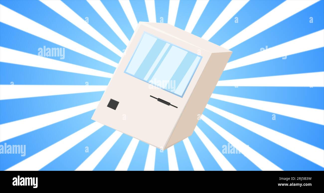 Computer retrò, pc vecchio hipster vintage per geek degli anni '70, '80 e '90 sullo sfondo delle razze blu. Foto Stock