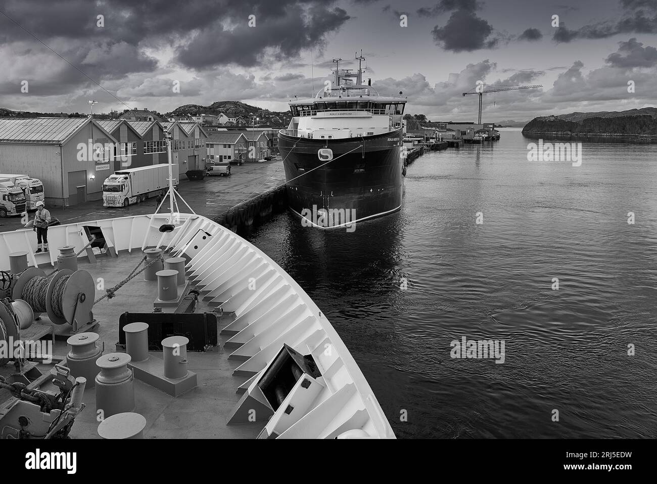 Foto in bianco e nero del trasportatore norvegese di pesce di Sølvtrans, (barca Well), RONJA NAEROEYSUND, ormeggiato a Rørvik, Norvegia. 3 maggio 2023. Foto Stock
