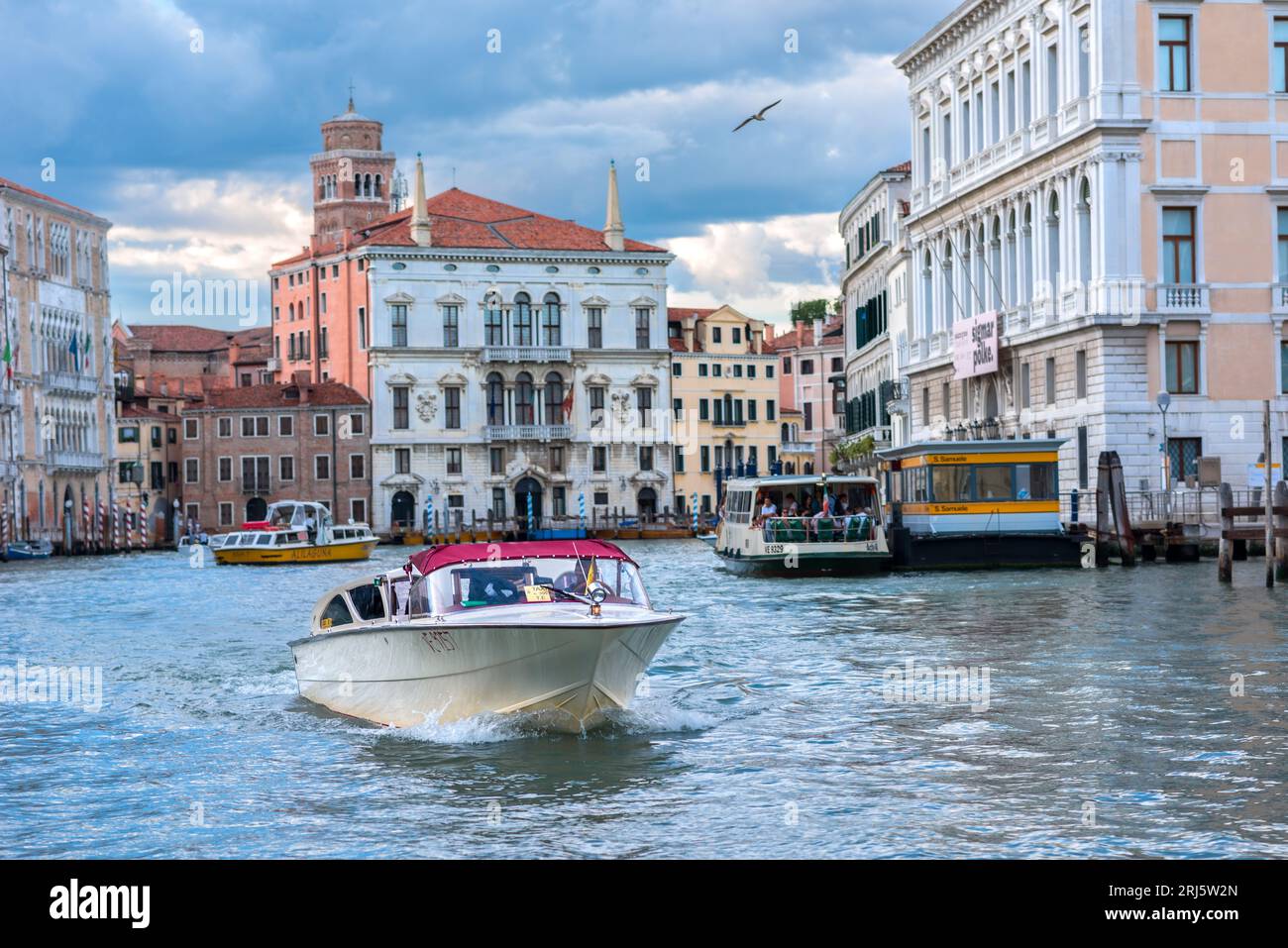 Una barca veloce in taxi che attraversa il canale principale, sullo sfondo l'architettura e le barche da trasporto più grandi con passeggeri. Un uccello che attraversa il cielo Foto Stock