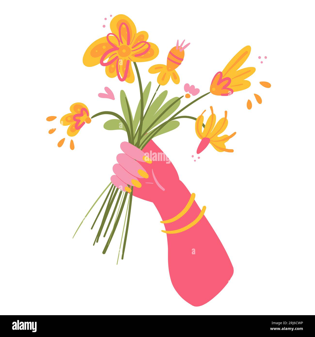 Mano rosa che regge fiori gialli. Design dei biglietti di auguri con atmosfera allegra. Una stampa per i momenti speciali della comunità a maglia stretta. Immagini gioiose Foto Stock