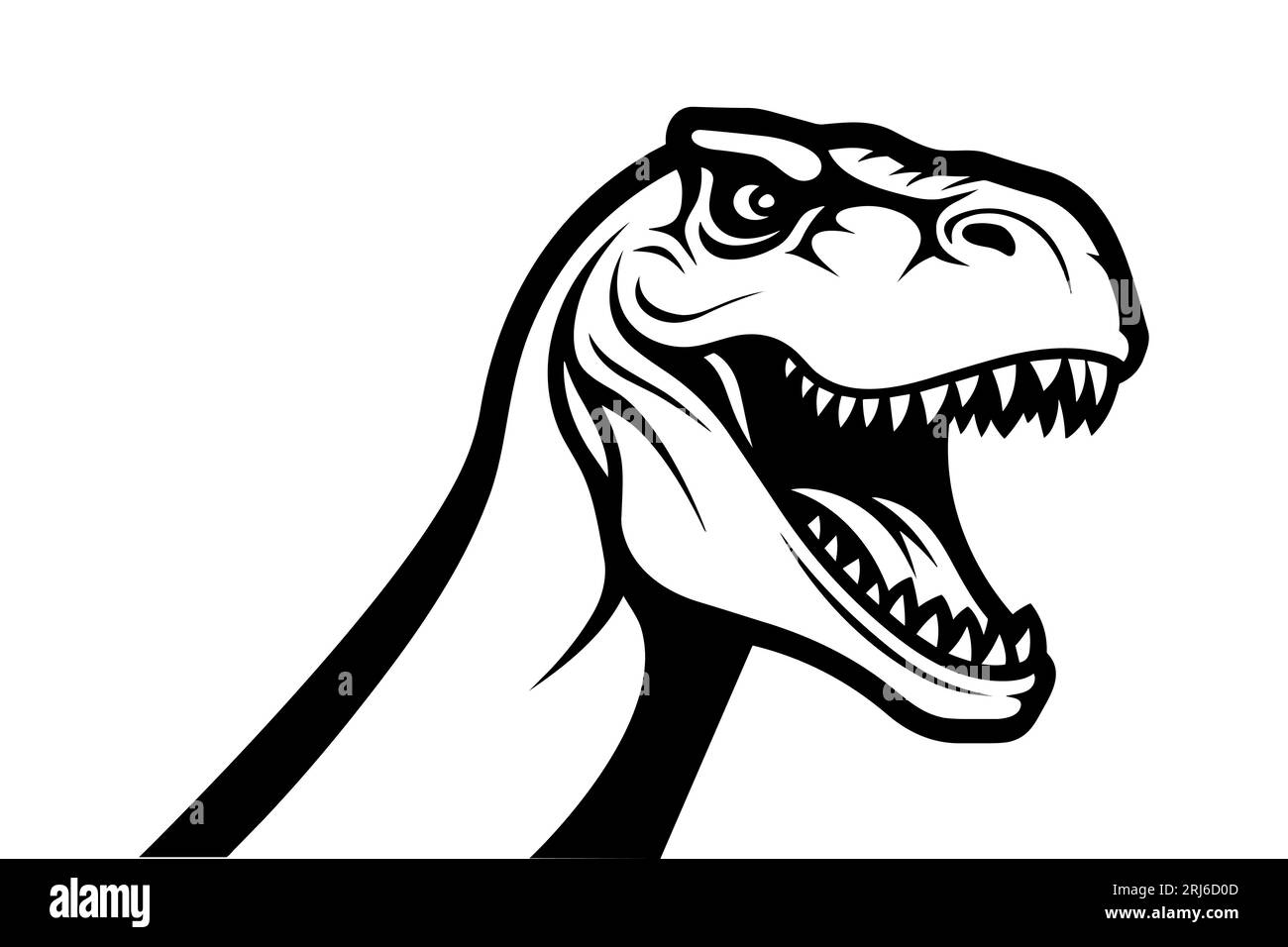Icona Vector Black and White Tyrannosaurus Rex Head, illustrazione della silhouette ritagliata, modello di progettazione per la stampa di magliette, tessuti, adesivi, arte, ecc. Illustrazione Vettoriale
