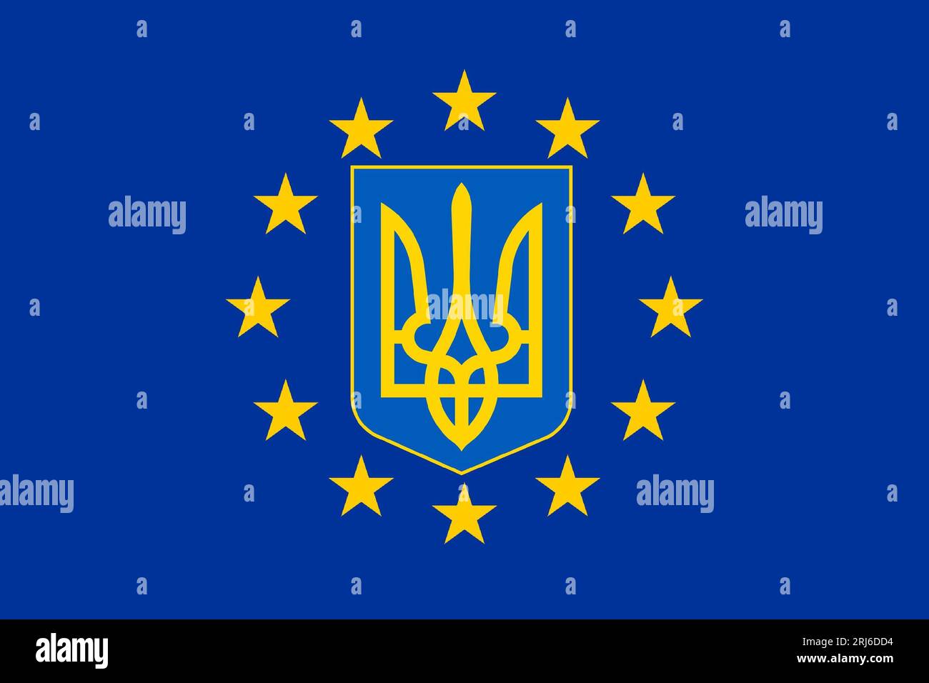 Stemma dell'Ucraina sulla bandiera dell'Unione europea, concetto astratto di economia politica dell'UE Ucraina Foto Stock