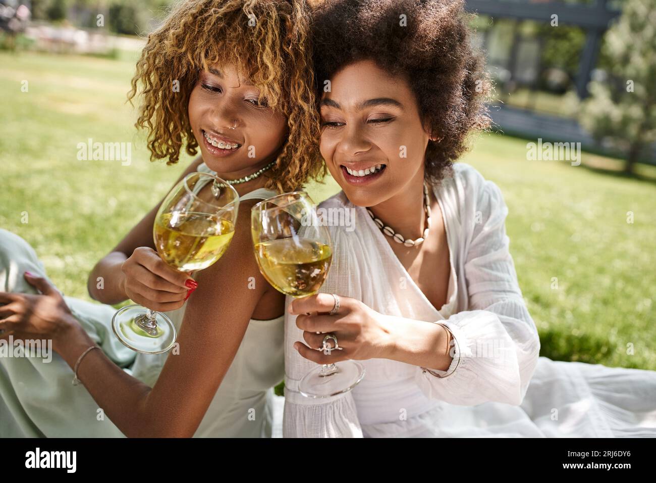 spensierate amiche afroamericane che si bevono bicchieri da vino, si siedono dietro le quinte, fanno un picnic nel parco Foto Stock