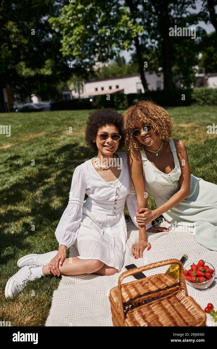 spensierati amici afroamericani durante picnic estivo, coperta, cesto di paglia, cibo, vino Foto Stock